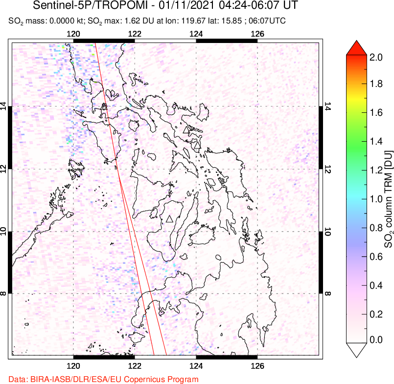 A sulfur dioxide image over Philippines on Jan 11, 2021.