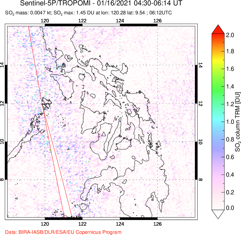 A sulfur dioxide image over Philippines on Jan 16, 2021.