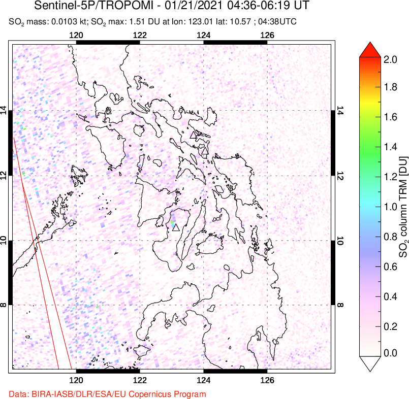 A sulfur dioxide image over Philippines on Jan 21, 2021.