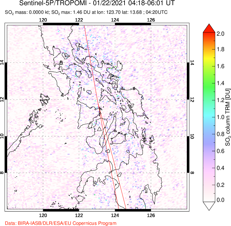 A sulfur dioxide image over Philippines on Jan 22, 2021.
