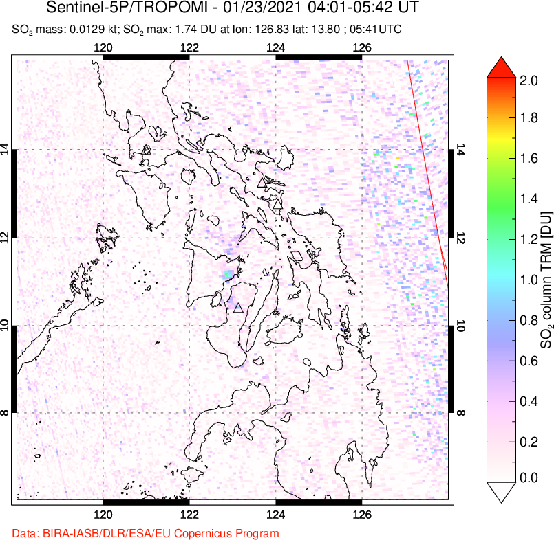 A sulfur dioxide image over Philippines on Jan 23, 2021.