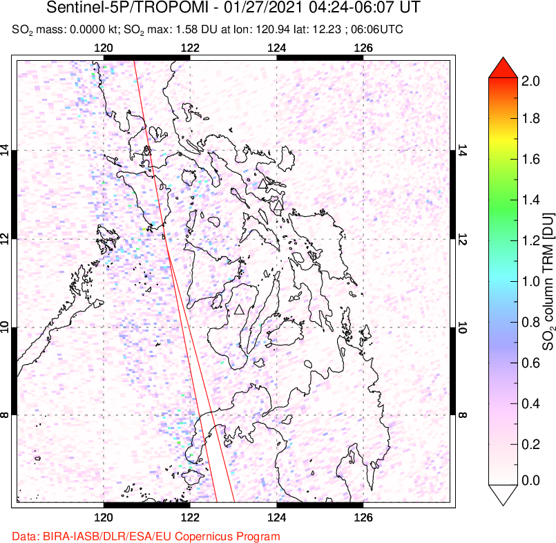 A sulfur dioxide image over Philippines on Jan 27, 2021.