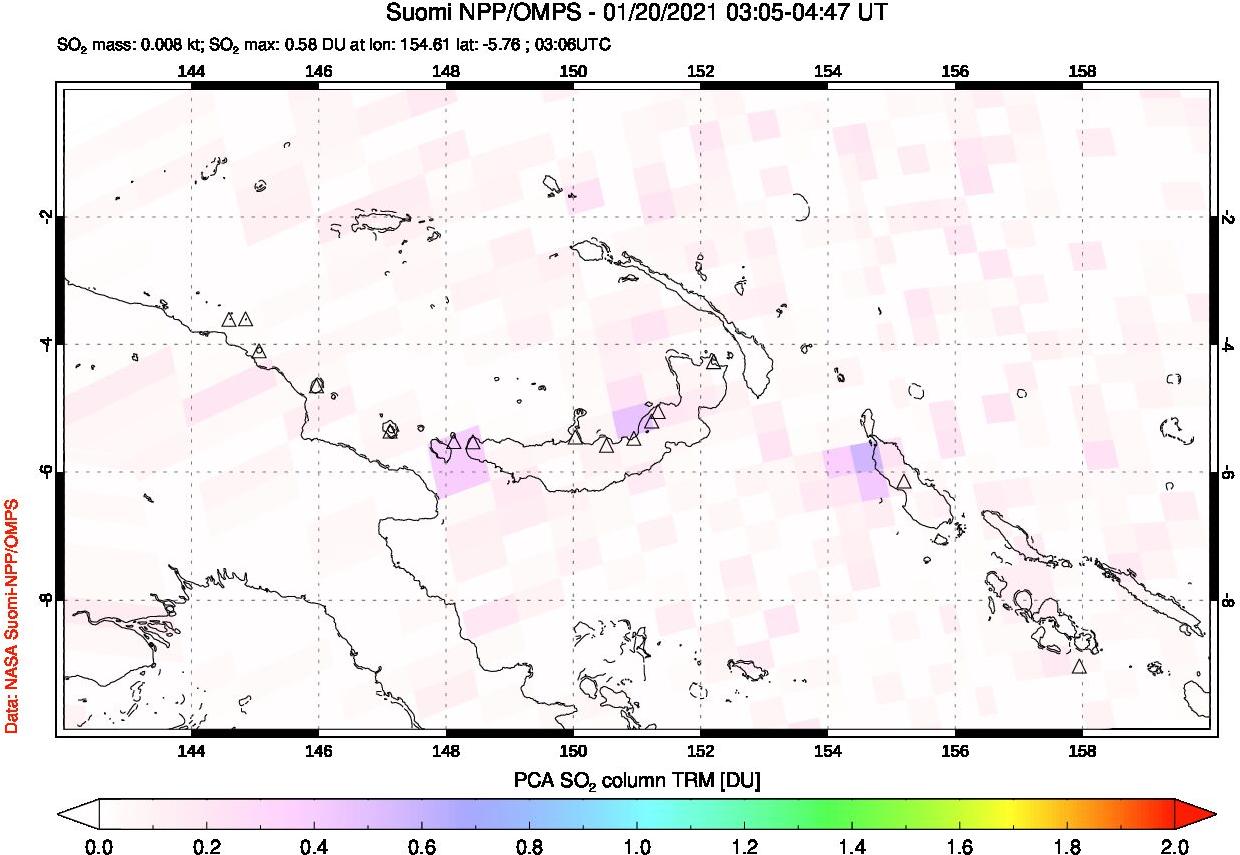 A sulfur dioxide image over Papua, New Guinea on Jan 20, 2021.