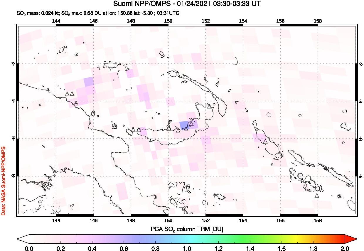 A sulfur dioxide image over Papua, New Guinea on Jan 24, 2021.