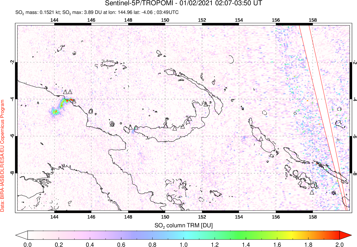 A sulfur dioxide image over Papua, New Guinea on Jan 02, 2021.