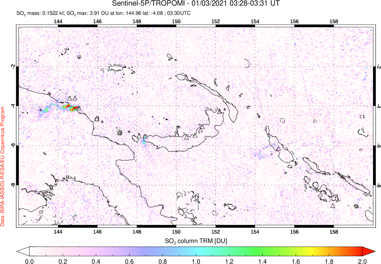 A sulfur dioxide image over Papua, New Guinea on Jan 03, 2021.
