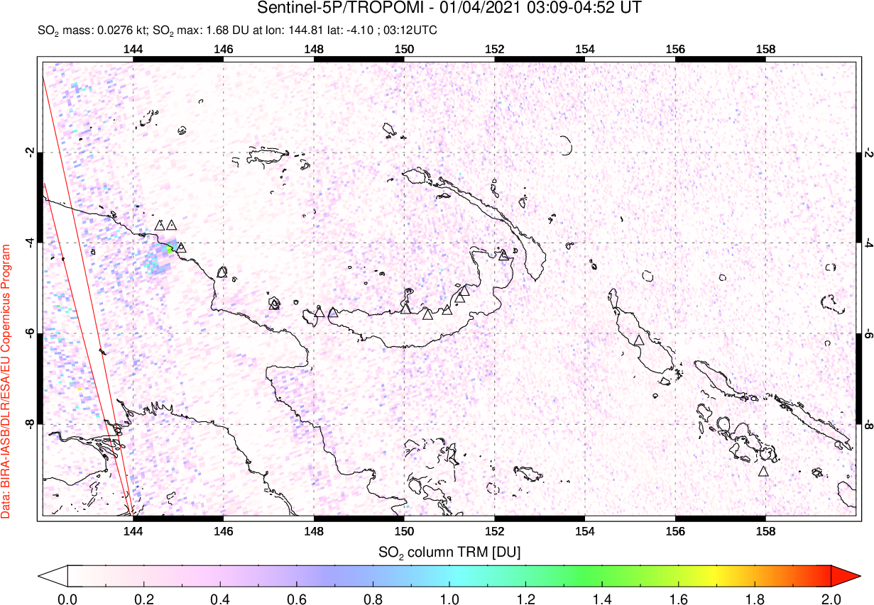 A sulfur dioxide image over Papua, New Guinea on Jan 04, 2021.