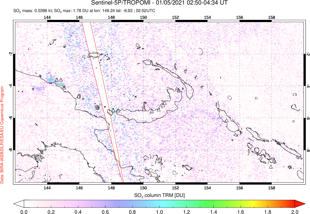 A sulfur dioxide image over Papua, New Guinea on Jan 05, 2021.