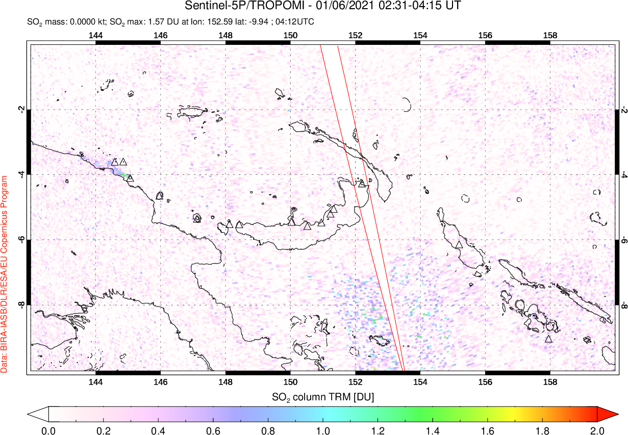 A sulfur dioxide image over Papua, New Guinea on Jan 06, 2021.
