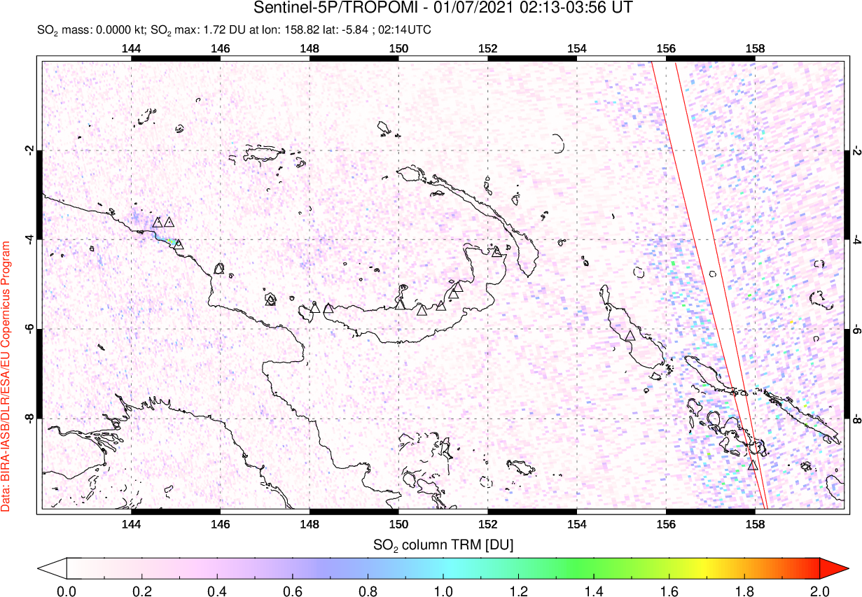 A sulfur dioxide image over Papua, New Guinea on Jan 07, 2021.