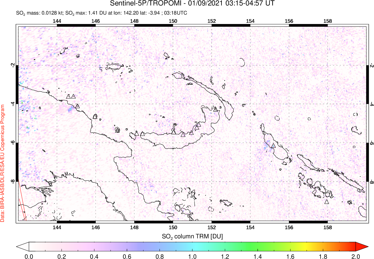 A sulfur dioxide image over Papua, New Guinea on Jan 09, 2021.