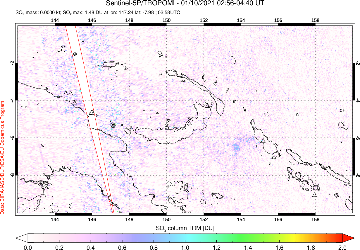 A sulfur dioxide image over Papua, New Guinea on Jan 10, 2021.