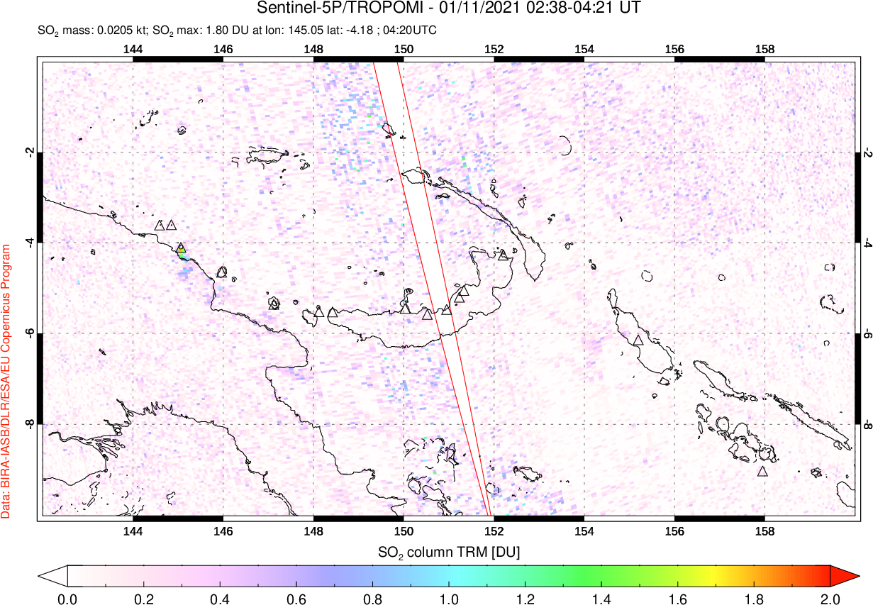 A sulfur dioxide image over Papua, New Guinea on Jan 11, 2021.