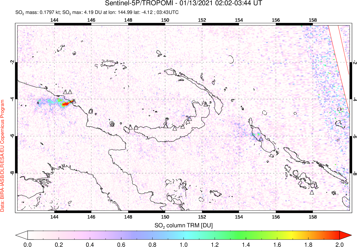 A sulfur dioxide image over Papua, New Guinea on Jan 13, 2021.