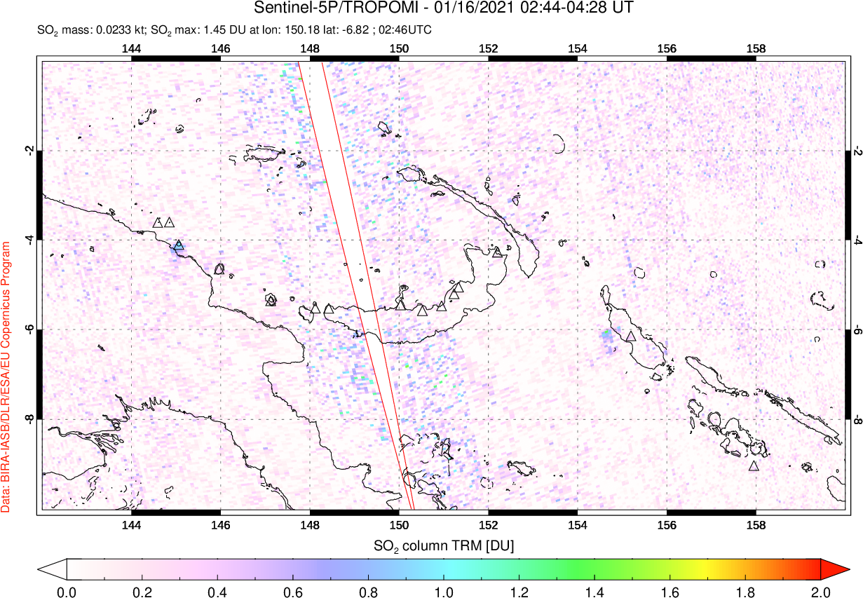 A sulfur dioxide image over Papua, New Guinea on Jan 16, 2021.