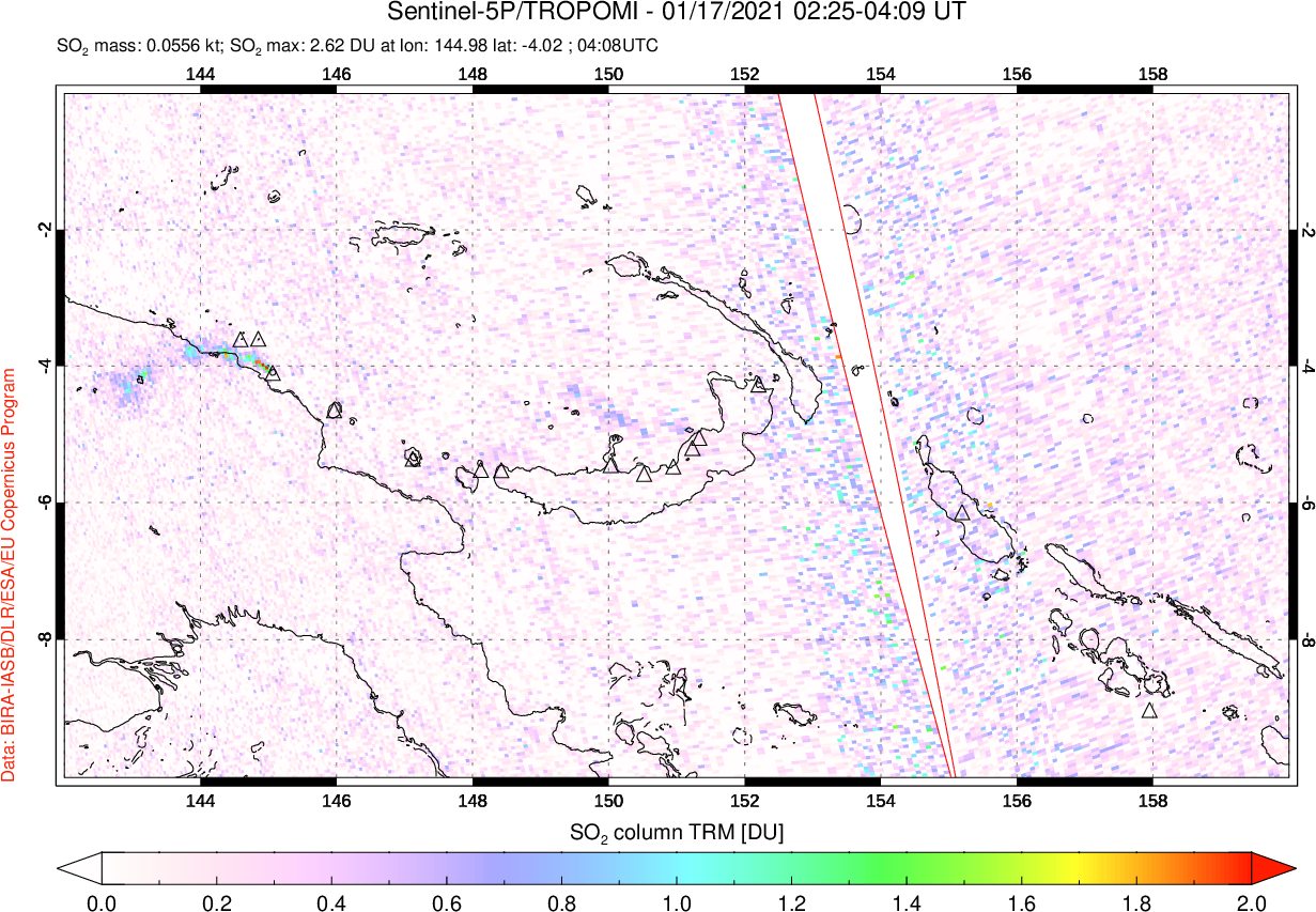 A sulfur dioxide image over Papua, New Guinea on Jan 17, 2021.