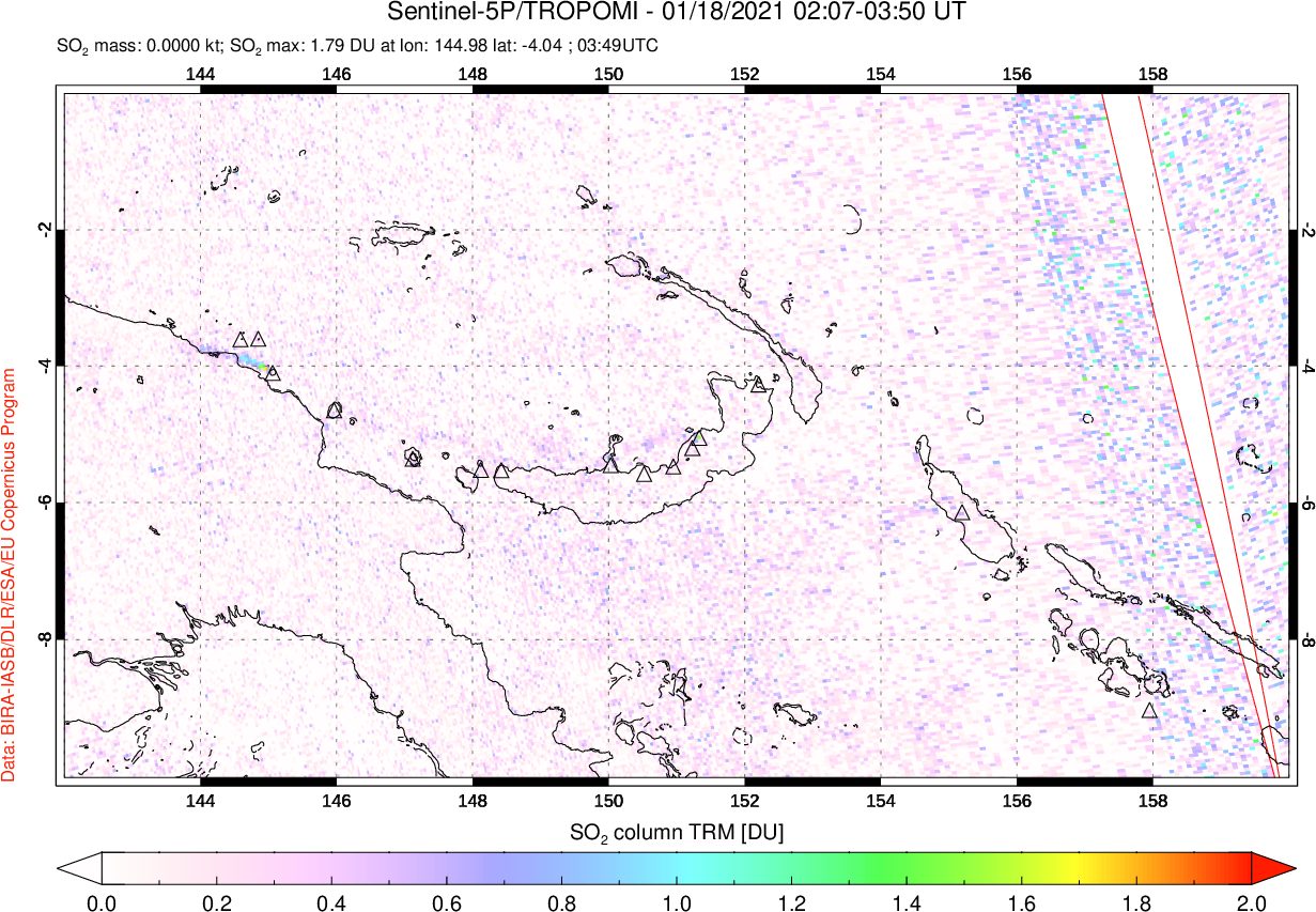 A sulfur dioxide image over Papua, New Guinea on Jan 18, 2021.