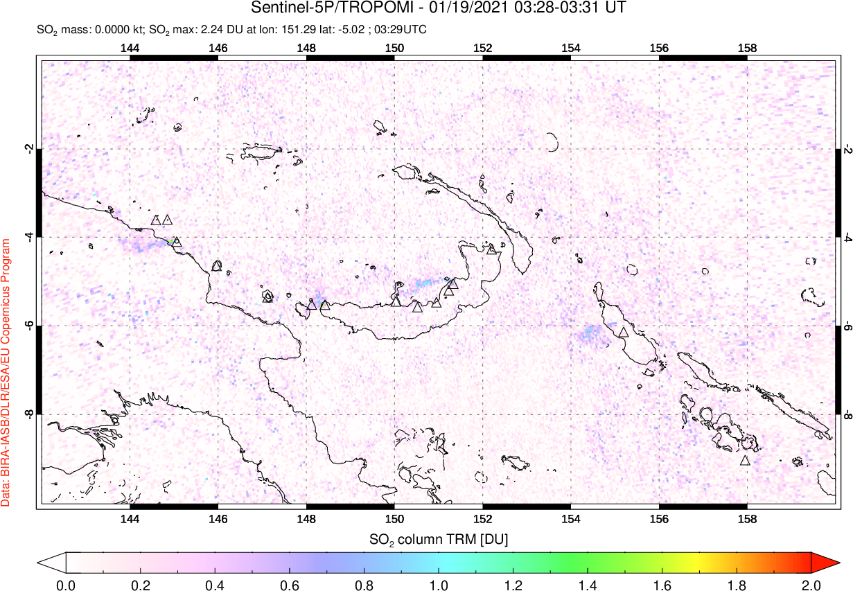 A sulfur dioxide image over Papua, New Guinea on Jan 19, 2021.