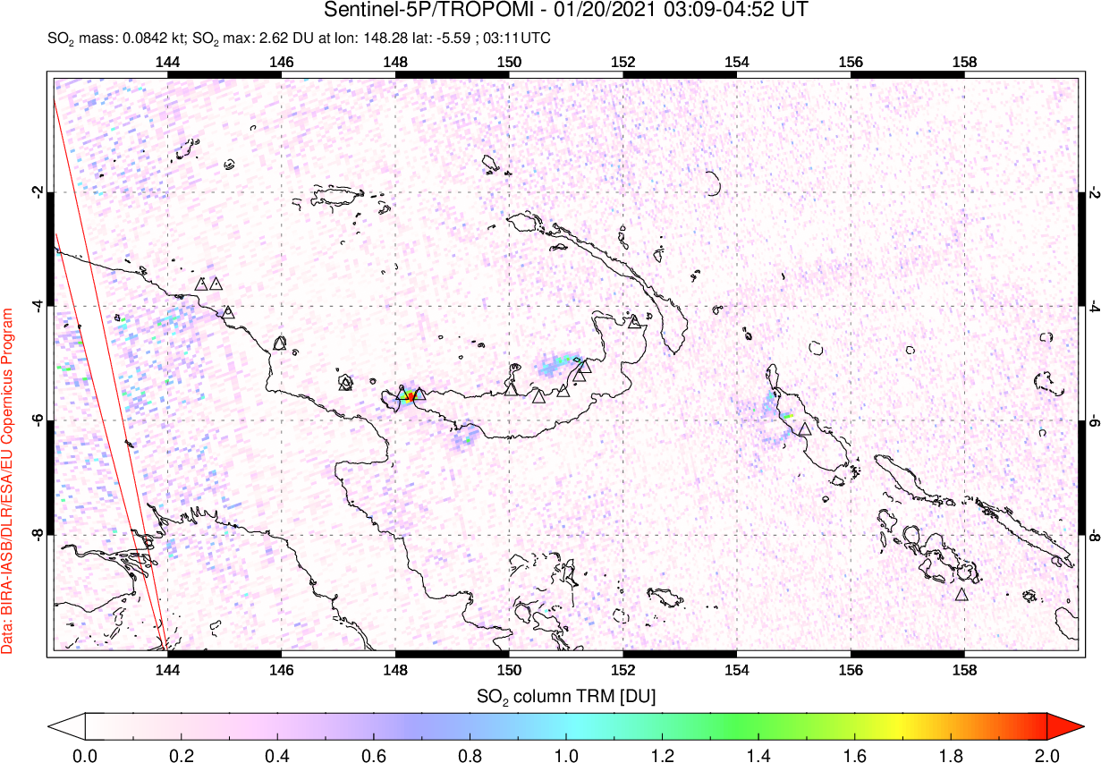 A sulfur dioxide image over Papua, New Guinea on Jan 20, 2021.
