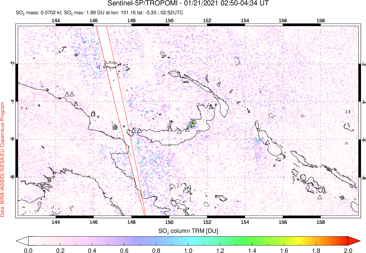 A sulfur dioxide image over Papua, New Guinea on Jan 21, 2021.
