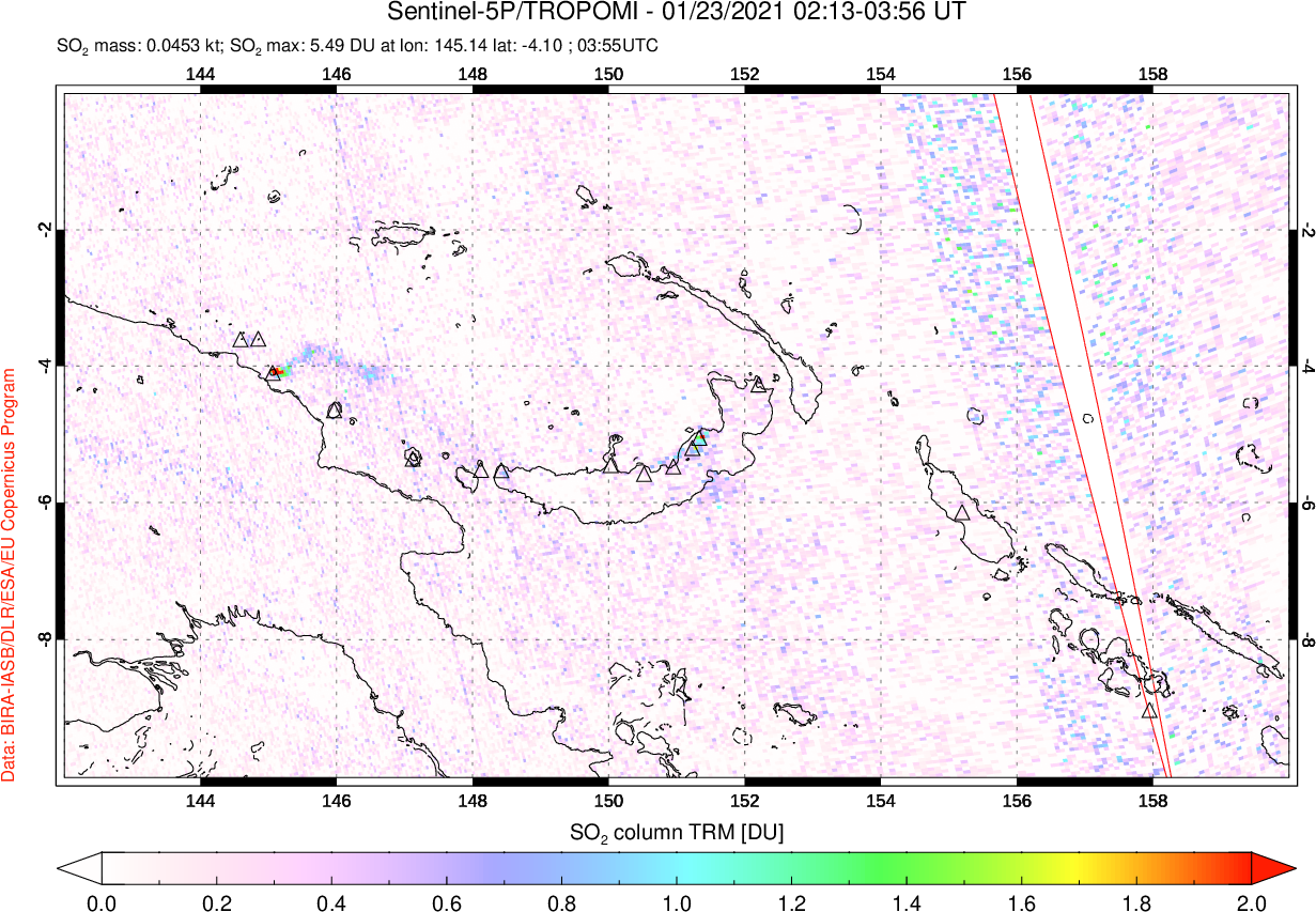 A sulfur dioxide image over Papua, New Guinea on Jan 23, 2021.