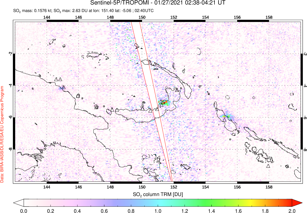 A sulfur dioxide image over Papua, New Guinea on Jan 27, 2021.