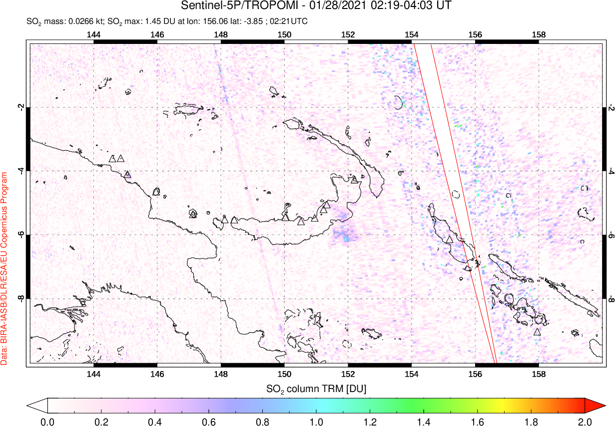 A sulfur dioxide image over Papua, New Guinea on Jan 28, 2021.
