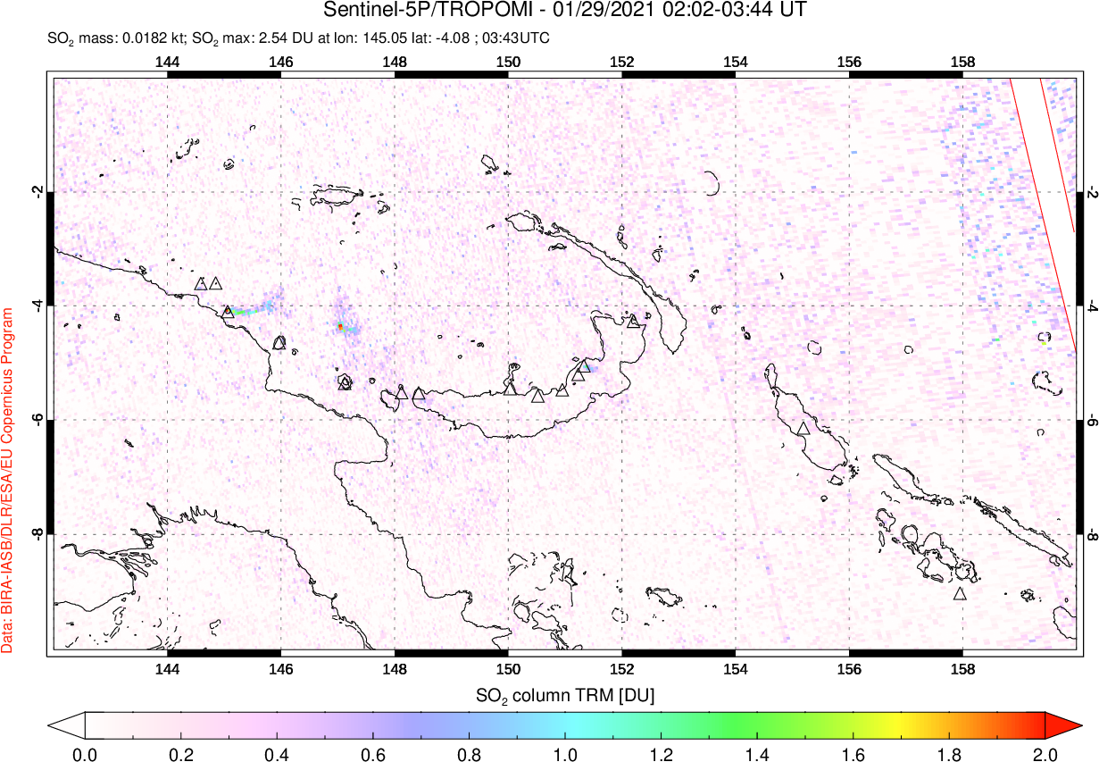 A sulfur dioxide image over Papua, New Guinea on Jan 29, 2021.
