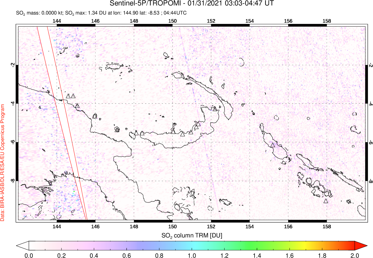 A sulfur dioxide image over Papua, New Guinea on Jan 31, 2021.
