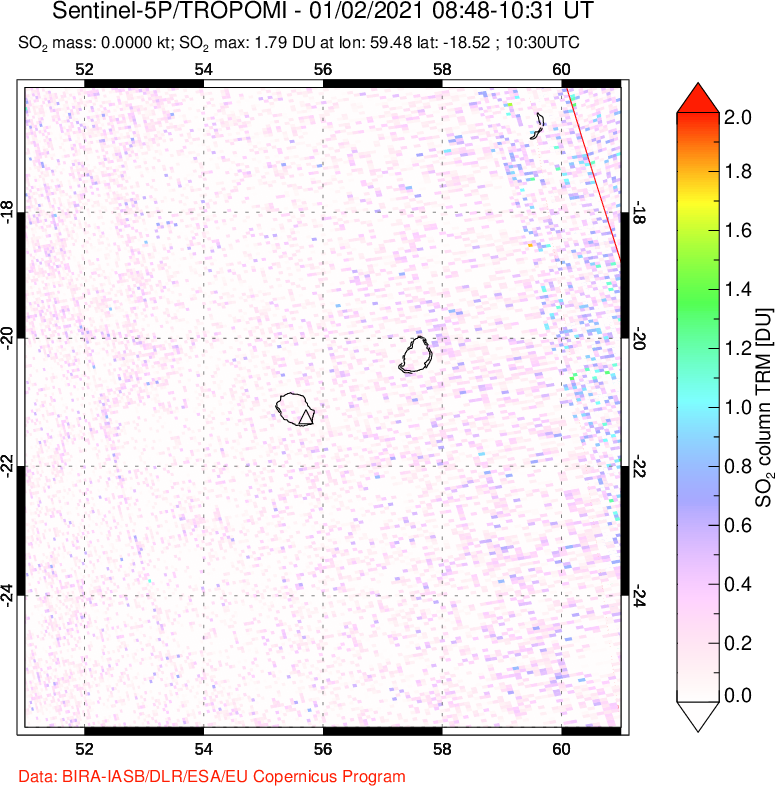A sulfur dioxide image over Reunion Island, Indian Ocean on Jan 02, 2021.
