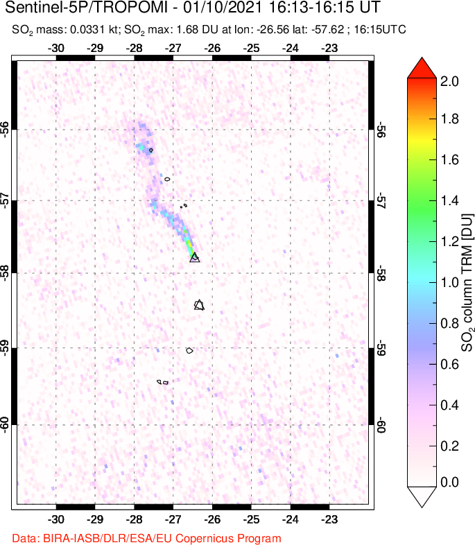 A sulfur dioxide image over South Sandwich Islands, South Atlantic on Jan 10, 2021.