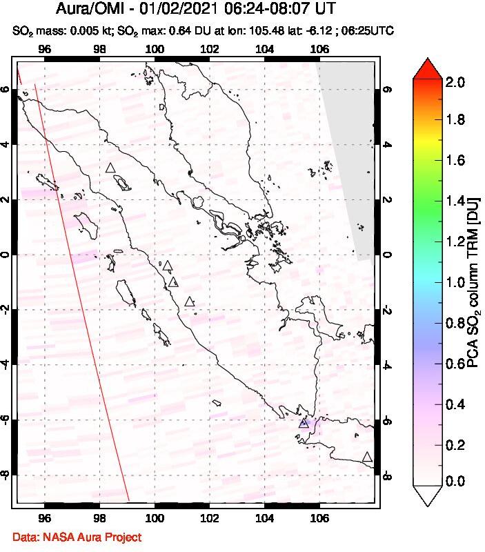 A sulfur dioxide image over Sumatra, Indonesia on Jan 02, 2021.