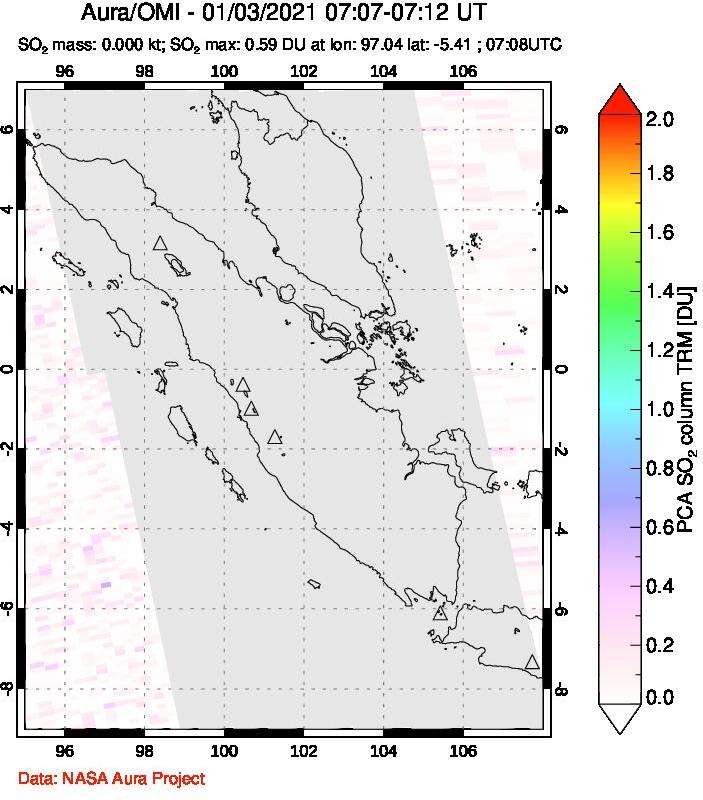 A sulfur dioxide image over Sumatra, Indonesia on Jan 03, 2021.