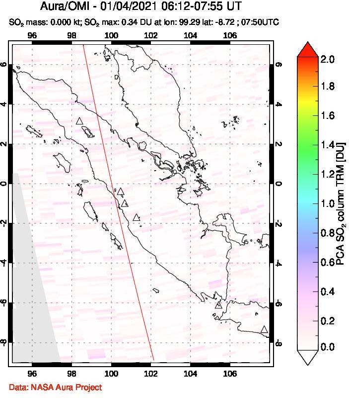 A sulfur dioxide image over Sumatra, Indonesia on Jan 04, 2021.