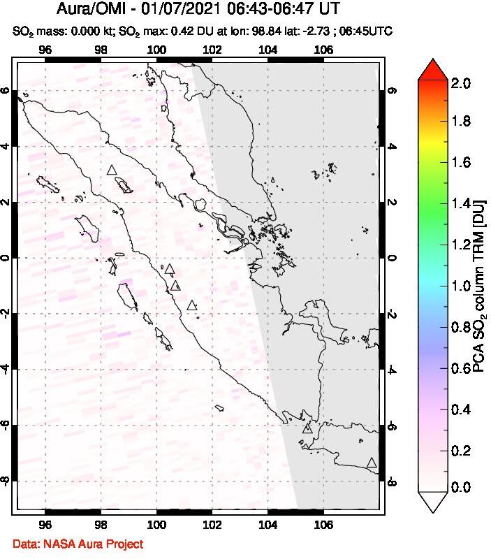 A sulfur dioxide image over Sumatra, Indonesia on Jan 07, 2021.
