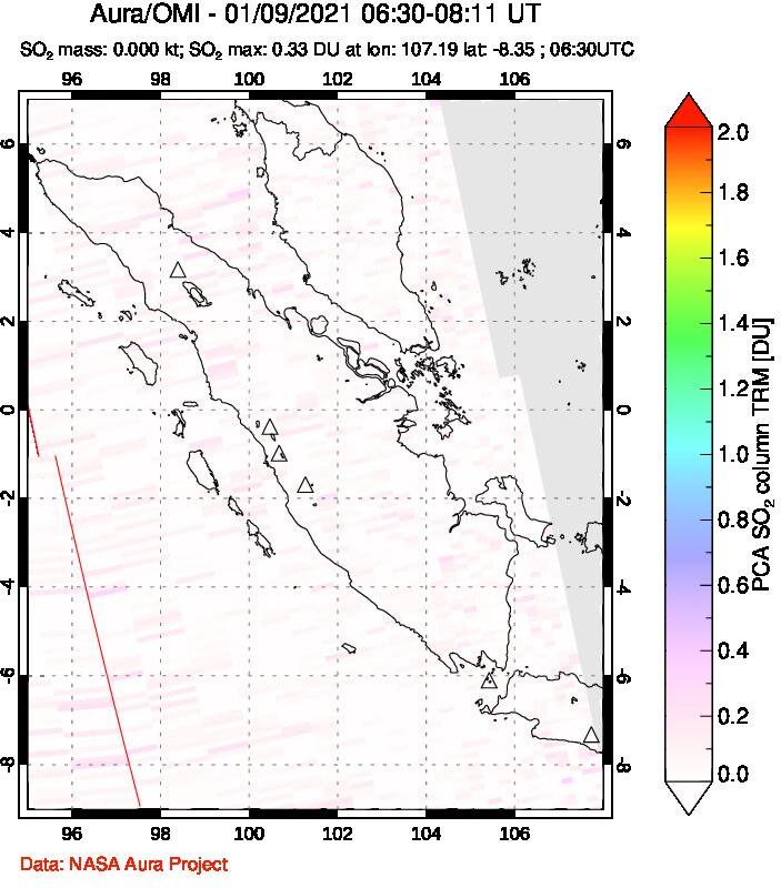 A sulfur dioxide image over Sumatra, Indonesia on Jan 09, 2021.