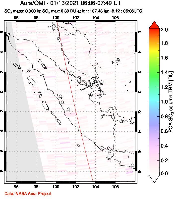 A sulfur dioxide image over Sumatra, Indonesia on Jan 13, 2021.