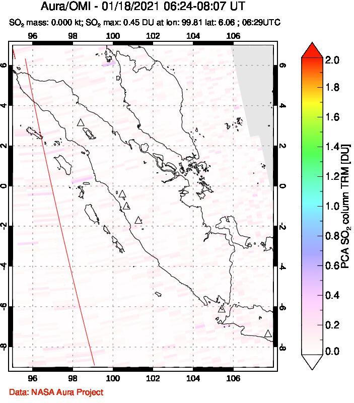 A sulfur dioxide image over Sumatra, Indonesia on Jan 18, 2021.