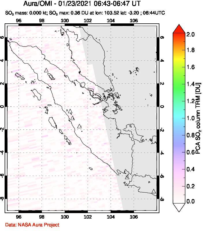 A sulfur dioxide image over Sumatra, Indonesia on Jan 23, 2021.