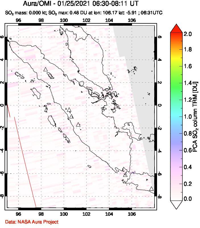 A sulfur dioxide image over Sumatra, Indonesia on Jan 25, 2021.