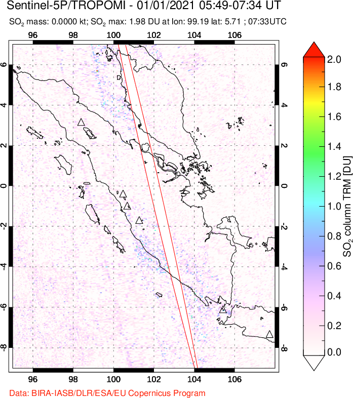 A sulfur dioxide image over Sumatra, Indonesia on Jan 01, 2021.