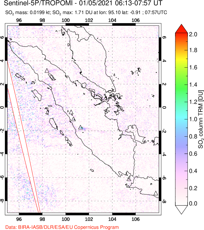 A sulfur dioxide image over Sumatra, Indonesia on Jan 05, 2021.
