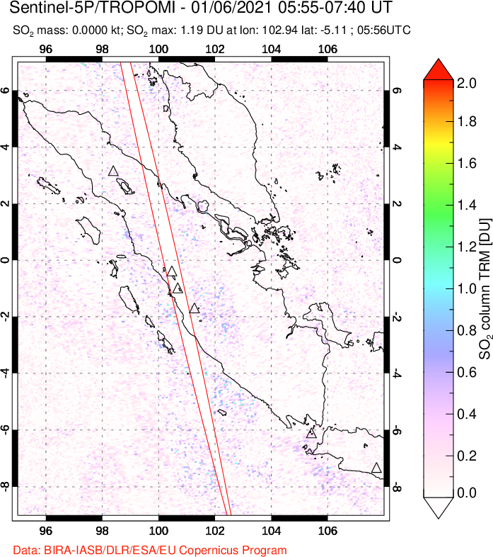 A sulfur dioxide image over Sumatra, Indonesia on Jan 06, 2021.
