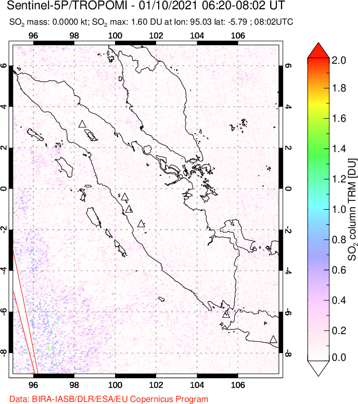 A sulfur dioxide image over Sumatra, Indonesia on Jan 10, 2021.