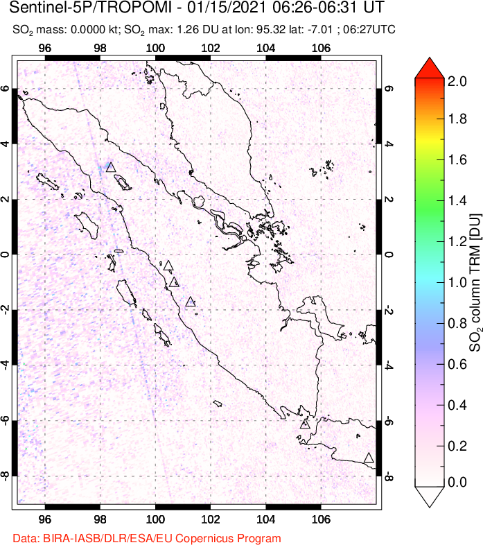 A sulfur dioxide image over Sumatra, Indonesia on Jan 15, 2021.