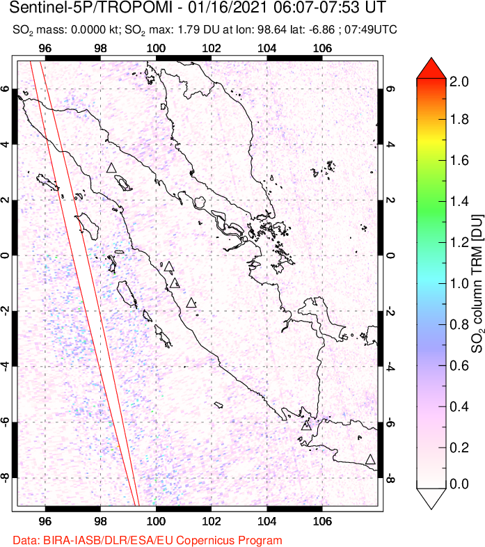 A sulfur dioxide image over Sumatra, Indonesia on Jan 16, 2021.