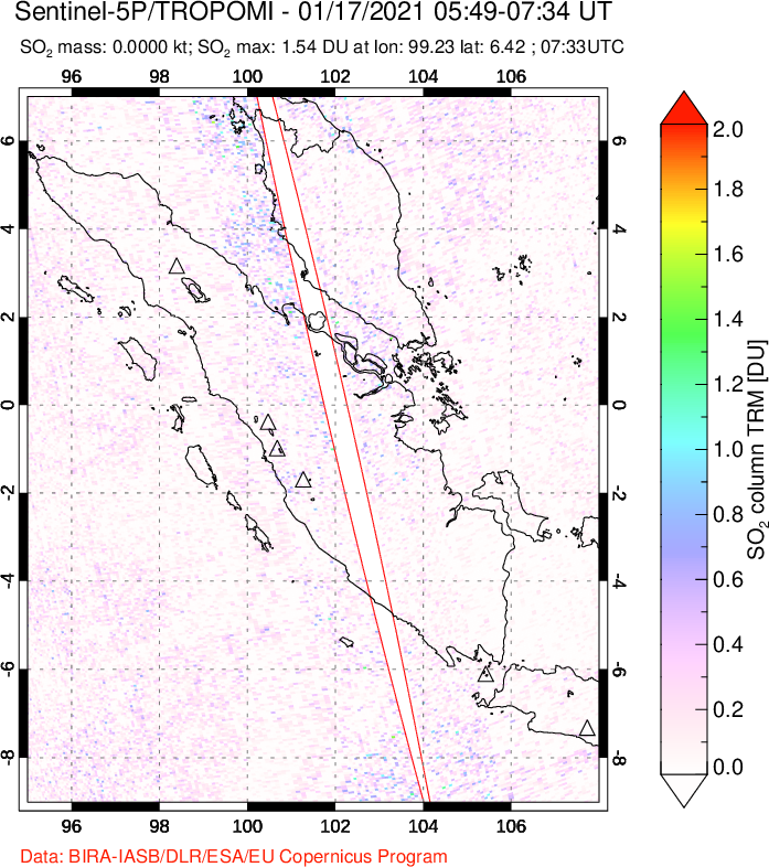 A sulfur dioxide image over Sumatra, Indonesia on Jan 17, 2021.