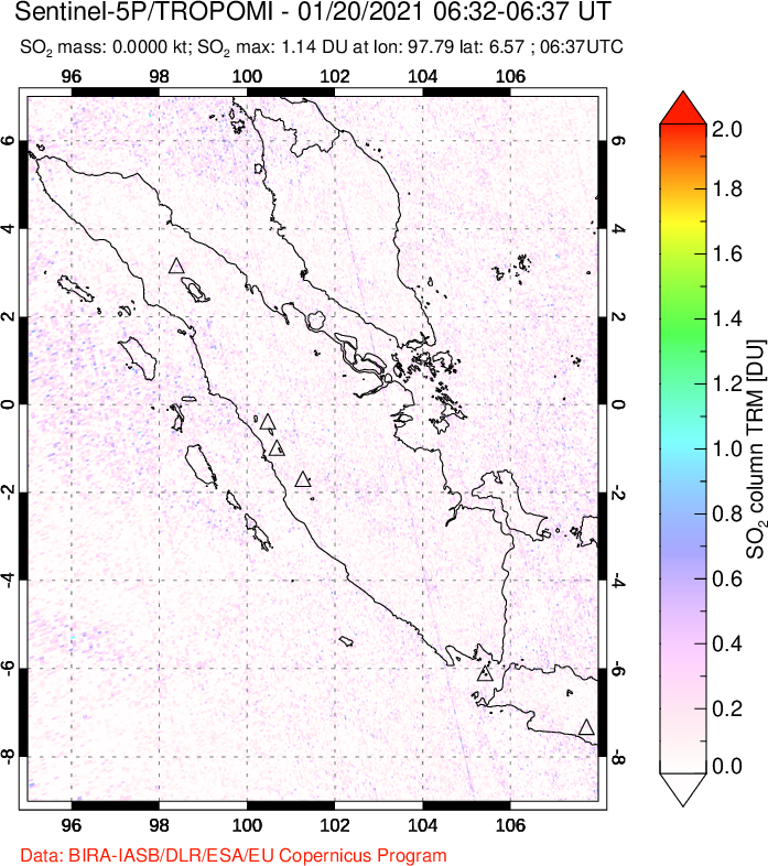 A sulfur dioxide image over Sumatra, Indonesia on Jan 20, 2021.
