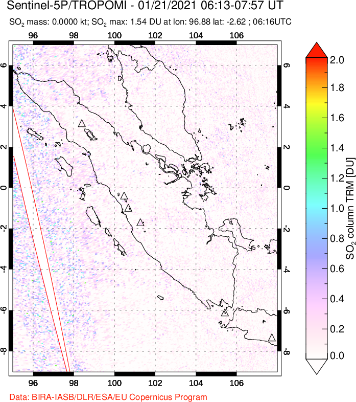 A sulfur dioxide image over Sumatra, Indonesia on Jan 21, 2021.