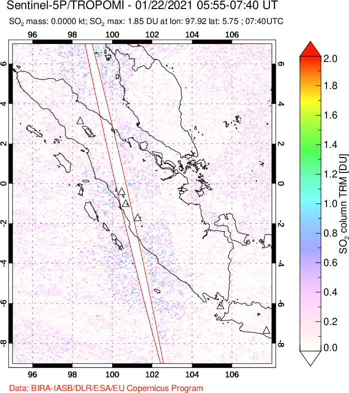 A sulfur dioxide image over Sumatra, Indonesia on Jan 22, 2021.
